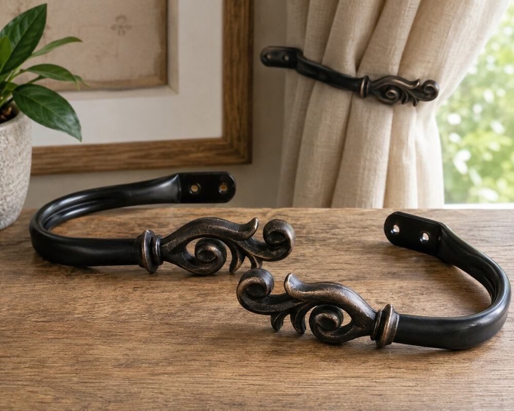 Pair Decorative Metal Curtain Holdbacks Tiebacks Black Bronze Scroll Design 8"